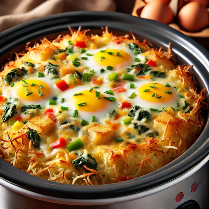 A deliciously cooked Slow Cooker Egg Bake with Hash Browns, topped with melted cheese, ready to serve