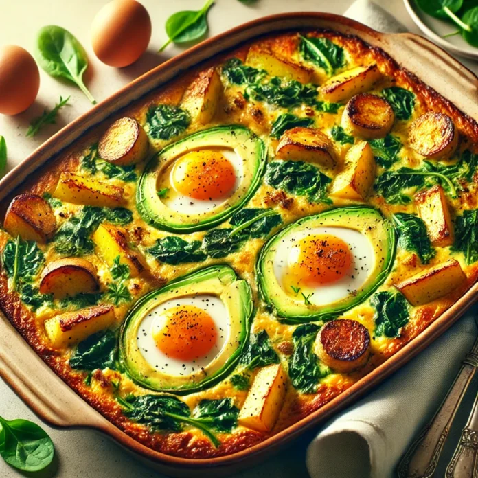 Image of Avocado Egg Casserole: "Avocado egg casserole with roasted potatoes and fresh spinach served in a skillet."